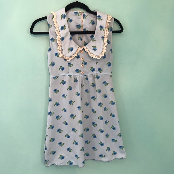 Vintage Dresses & Skirts - Vintage babydoll dress blue floral mod rockabilly